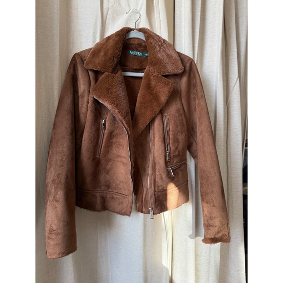 Ralph Lauren Aviator Bomber Shearling Suede Leather Moto Jacket Women Brown M - Picture 5 of 10